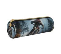 MMSJSBVY Mountain Bike Tournament Cylinder Pencil Storage Bag, Leather Pencil Pouch, Lovely Large Capacity, Suitable for Students Office Travel Make-Up Brush Storage with Zip
