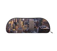 MMSJSBVY New York City Leather Pencil Pouch - Half Round Organizer with Zipper for Pens, Cosmetics and Travel