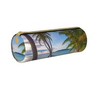 MMSJSBVY Paradise Beach Palm Trees Cylinder Pencil Storage Bag, Leather Pencil Pouch, Lovely Large Capacity, Suitable for Students Office Travel Make-Up Brush Storage with Zip