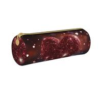 MMSJSBVY Red Glitter Heart Cylinder Pencil Storage Bag, Leather Pencil Pouch, Lovely Large Capacity, Suitable for Students Office Travel Make-Up Brush Storage with Zip