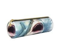 MMSJSBVY Shark in The Sea Cylinder Pencil Storage Bag, Leather Pencil Pouch, Lovely Large Capacity, Suitable for Students Office Travel Make-Up Brush Storage with Zip