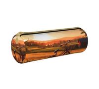 MMSJSBVY Sunset Rural View Cylinder Pencil Storage Bag, Leather Pencil Pouch, Lovely Large Capacity, Suitable for Students Office Travel Make-Up Brush Storage with Zip