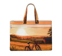 MMSJSBVY Sunset Rural View Stylish Canvas Document Bag, Large Capacity Tote With Dual Zipper Pockets For Commuting And Study