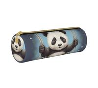 MMSJSBVY Swing Panda Cylinder Pencil Storage Bag, Leather Pencil Pouch, Lovely Large Capacity, Suitable for Students Office Travel Make-Up Brush Storage with Zip