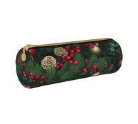MMSJSBVY Tree Spruce Leaves Balls Flowers Berry Cylinder Pencil Storage Bag, Leather Pencil Pouch, Lovely Large Capacity, Suitable for Students Office Travel Make-Up Brush Storage with Zip