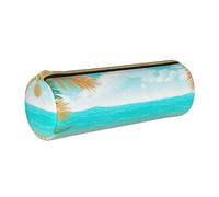 MMSJSBVY Tropical Beach Plant Theme Cylinder Pencil Storage Bag, Leather Pencil Pouch, Lovely Large Capacity, Suitable for Students Office Travel Make-Up Brush Storage with Zip