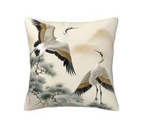 MMSJSBVY Two Japanese Cranes Flying Traditional Painting Pillow Cover, Soft And Comfortable Square Cushion Cover For Home Car Cushion Camping Sofa Decorative Pillow Cover 20"X20"