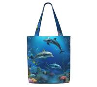 MMSJSBVY Underwater World Dolphins Coral Canvas Shoulder Tote Bag, Lightweight Polyester Shopping Tote, Reusable Daily Handbag For Work, School And Grocery