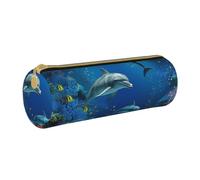 MMSJSBVY Underwater World Dolphins Coral Cylinder Pencil Storage Bag, Leather Pencil Pouch, Lovely Large Capacity, Suitable for Students Office Travel Make-Up Brush Storage with Zip