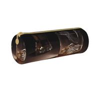 MMSJSBVY Whisky and Cigarette Picture Cylinder Pencil Storage Bag, Leather Pencil Pouch, Lovely Large Capacity, Suitable for Students Office Travel Make-Up Brush Storage with Zip