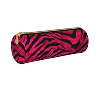 MMSJSBVY Zebra Tiger Leopard Pink Cylinder Pencil Storage Bag, Leather Pencil Pouch, Lovely Large Capacity, Suitable for Students Office Travel Make-Up Brush Storage with Zip