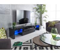 MMT Funiture Designs Modern Black 200Cm Matt Gloss Tv Stand Cabinet Suitable For 55 - 80 Inch 4K Led Flat Screen Tv's Glass Shelves