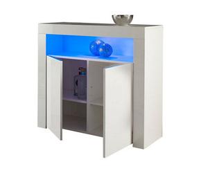MMT Funiture Designs Modern Sideboard White Matt Gloss Buffet Plate Storage Cabinet With Blue Led Lights- Length 90Cm X Depth 35Cm X Height 83Cm