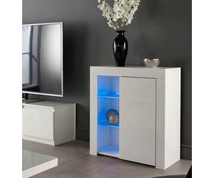 MMT Funiture Designs Modern White Matt Gloss Buffet Sideboard Cabinet With Led Lights And Glass Display Shelves Length- 75Cm X Depth 35Cm X Height 83Cm