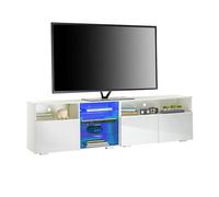 MMT Funiture Designs White Tv Stand Cabinet 200Cm With Led Lights, Storage Shelves Soundbar Shelf 55Cm Tall