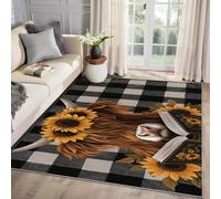MMYAOKEN Highland Cow Rug Kitchen - Funny Farm Animal Rug Small 40 x 60, Buffalo Check Patterned Area Rugs for Entryway, Rustic Farmhouse Sunflower Machine Washable Non Slip Soft Door Mat