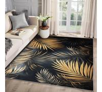 MMYAOKEN Tropical Leaf Rugs - Palm Leaves Rug 120 x 120, Hawaiian Plant Patterned Area Rugs for Living Room Bedroom, Black and Gold Machine Washable Non Slip Soft Carpet