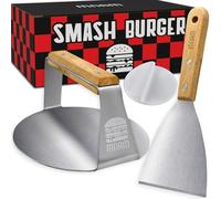 mnam Smash Burger Press - Burger Smasher - Burger Spatula with Wooden Handle in Stainless Steel Set - Burger Press for Meat - Grill Griddle Kit - Professional Smasher Meat