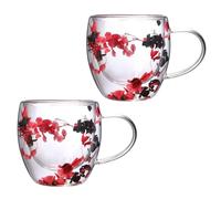 Mnaocz Set of 2 Double Walled Glass Coffee Mugs with Dry Flower,250ML Clear Flower Coffee Mug with Handle, Aesthetic Insulated Heat Resistant Coffee Cups,Unique Gifts for Women (Red-Black)