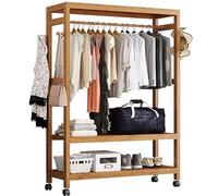 MNBVH Bamboo Clothes Rack On Wheels, Open Wardrobe Closet, Free Standing Coat Rack, Garment Rack With 2 Tiers Storage Shelves Organizer And One Top Rod For Hanging Clothes Bedroom