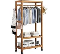 MNBVH Bamboo Clothes Rack On Wheels, Open Wardrobe Closet, Free Standing Coat Rack, Garment Rack With 2 Tiers Storage Shelves Organizer And One Top Rod For Hanging Clothes Bedroom
