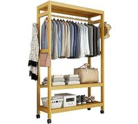 MNBVH Bamboo Clothes Rack On Wheels, Open Wardrobe Closet, Free Standing Coat Rack, Garment Rack With 2 Tiers Storage Shelves Organizer And One Top Rod For Hanging Clothes Bedroom
