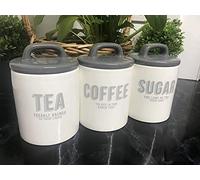 MND Dealings Classic Grey 3-Piece Ceramic Canister Set for Kitchen Counter, Tea, Coffee, Sugar - 11 cm (H) x 10 cm (D), 15 cm (Total Height)