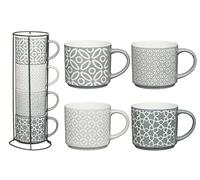 MND Dealings New Unique Jumbo Geo Embossed Stacking Ceramic Coffee Mugs with Holder 4pk Stackable for Easy Storage Patterns Tea Cup, Office and Home, Gift Microwave Dishwasher Safe-Grey (MND-777788)