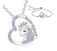 MNFPSJB 2 Pcs Unicorn Necklace Jewelry Gift Set Crystal Heart Silver Pendant Bracelet You are Magical Box Granddaughter Niece