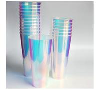 MnhoMnrn 18 Pcs Iridescent Clear Plastic Cups 23oz Fancy Thick Neon Disposable Drinking Cups Cute Glitter Holographic Hard Plastic Cup for Party Decoration (Clear)