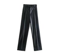 Mnjyihy Pants for Women Faux Leather Chic Casual Straight Pants Vintage High Waist Drawstring Wide Leg Trousers Color M