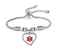 mnmoom Medical Alert Bracelets for Women with stainless steel heart medical id charm pre engraved, 6 inches, Stainless Steel