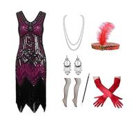 MNRIUOCII 20s Costume Women's Dress 7 Pieces 1920s Vintage Cocktail Dress Women's Sequins Dresses Fringe Dress Sequin Dresses with 20s Accessories for Fancy Dress Costume, Hot pink, M