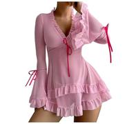 MNRIUOCII Lingerie Set Women's Dressing Gown Transparent Bathrobe Transparent Underwear Hollowed Perspective Lace Halterneck Costume Adjustable Open Sling Sexy Pyjamas Nightwear Negligee, pink, S