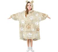 Mnrsuu Kids Oversized Blanket Hoodie,Brown Color Dog Paw Prints Warm Fleece Sweatshirt Plush Wearable for Girls Boys, Front Roomy Pocket, Cute Ear Cap, Medium