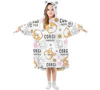 Mnrsuu Kids Oversized Blanket Hoodie,Corgi Pink Dog Print Warm Fleece Sweatshirt Plush Wearable for Girls Boys, Front Roomy Pocket, Cute Ear Cap, Medium