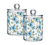 Mnsruu 2 Pack Cotton Swab Holder with Lid Hand Drawn Blue Flowers Qtip Cotton Buds Ball Dispenser Bathroom Containers Canister Organizer Storage Jar
