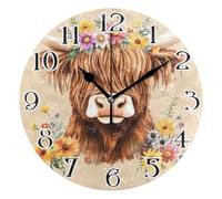 Mnsruu Adorable Highland Cow Florals Clock Wall Clock for Living Room Silent Non-Ticking Round Clock 25cm Easy to Read Clocks Kitchen Home Decorative