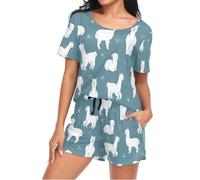 Mnsruu Alpaca Llama Sleep Star Womens Pyjamas Sets Short Sleeves, Ladies Pajamas Pjs Set Loungewear with Pocket Size XL