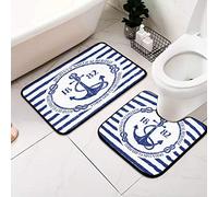 Mnsruu Anchor Nautical Blue White Bathroom Rugs Set 2 Piece Non Slip Absorbent 39.8 x 59.9 cm Shower Bath Rug Mat and 50.8 x 50.8 cm U-Shaped Contour Toilet Rug