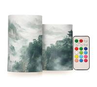 Mnsruu Ancient China Mountain Scene Flameless Pillar Candles with Remote Timer Battery Operated LED Candle Color Changing