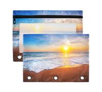 Mnsruu Beach Sunrise 3 Rings Binder Pouch Pencil Case, 2 Pack Pencil Pouches with Zipper, Clear Window Cosmetic Bag