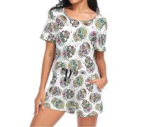 Mnsruu Beautiful Sugar Skulls Seamless Womens Pyjamas Sets Short Sleeves, Ladies Pajamas Pjs Set Loungewear with Pocket Size L