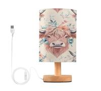 Mnsruu Bedside Table Lamp Highland Cows Flowers Boho Bedside Lamps LED Light Desk Lamp Fabric Shade Small Lamp for Bedroom Living Room (Bulb Included)
