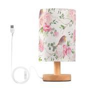Mnsruu Bedside Table Lamp Natural Robin Bird and Peach Rose Pink Eucalyptus Bedside Lamps LED Light Desk Lamp Fabric Shade Small Lamp for Bedroom Living Room (Bulb Included)
