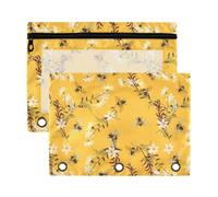 Mnsruu Bee Butterfly Flowers Yellow 3 Rings Binder Pouch Pencil Case, 2 Pack Pencil Pouches with Zipper, Clear Window Cosmetic Bag