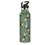 Mnsruu Bee Honey Green Water Bottle Stainless Steel Drink Flask with Straw Cap Insulated Bottle for Boys Girls Sports 20 oz (600 ml)