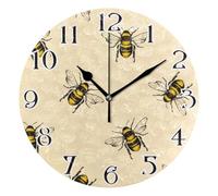 Mnsruu Bee on Beige Background Clock Wall Clock for Living Room Silent Non-Ticking Round Clock 25cm Easy to Read Clocks Kitchen Home Decorative