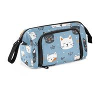 Mnsruu Big Capacity Pencil Case, Cat Faces on A Blue Background Pen Bag Pouch Holder Stationery Bag School College Office Organizer for Teen Adults Student