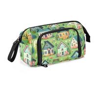 Mnsruu Big Capacity Pencil Case, Cute Houses Green Pen Bag Pouch Holder Stationery Bag School College Office Organizer for Teen Adults Student